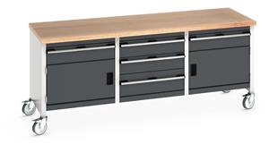 Bott Cubio Mobile Storage Workbench 2000mm wide x 750mm Deep x 840mm high supplied with a Multiplex (layered beech ply) worktop, 5 x drawers (1 x 200mm & 4 x 150mm high) and 2 x 350mm high integral storage cupboards.... 2000mm Wide Storage Benches